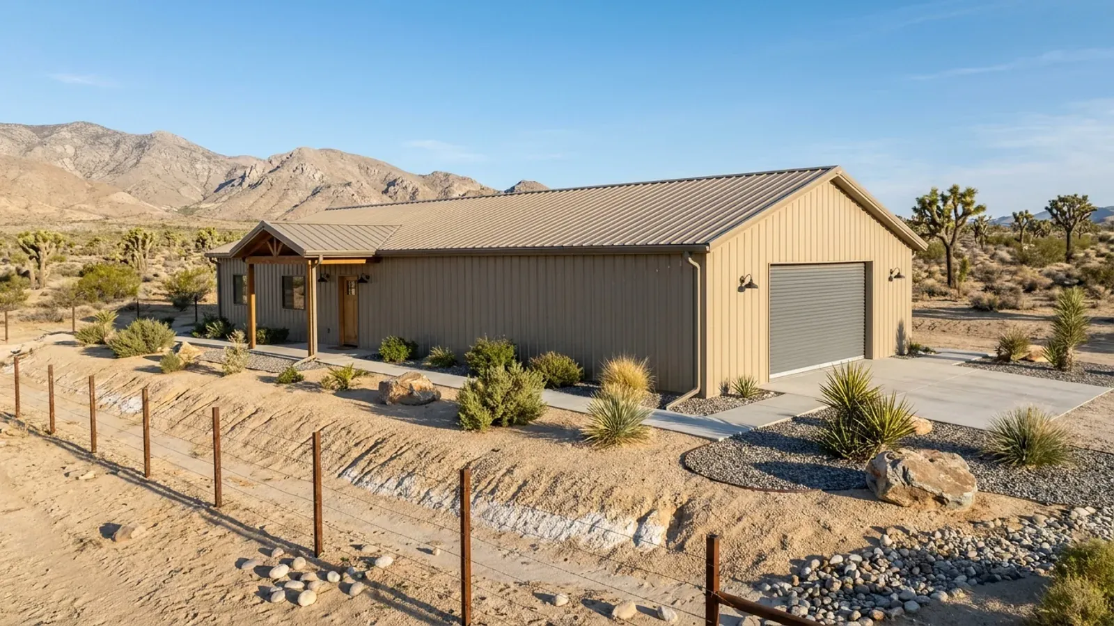 A completed 40x60 barndominium in the desert showing a residential entry on one end and a wide shop door on the other under one continuous roof.