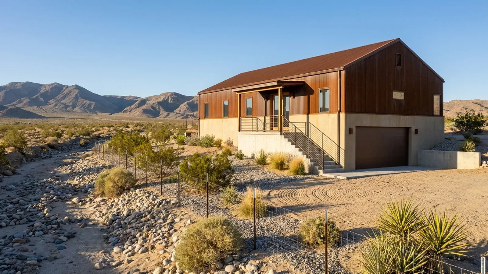 A barndominium raised on a stem-wall foundation with steps up to the entry and enclosed storage space beneath the elevated floor.