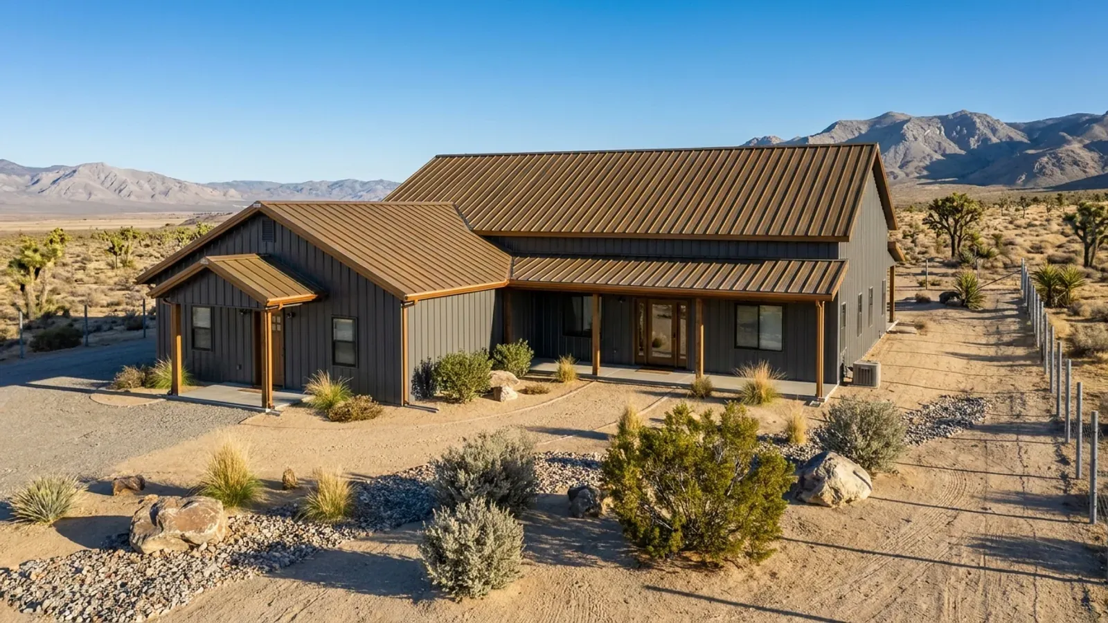 A barndominium with a smaller attached in-law suite wing that has its own separate covered entry, distinct from the main entry.