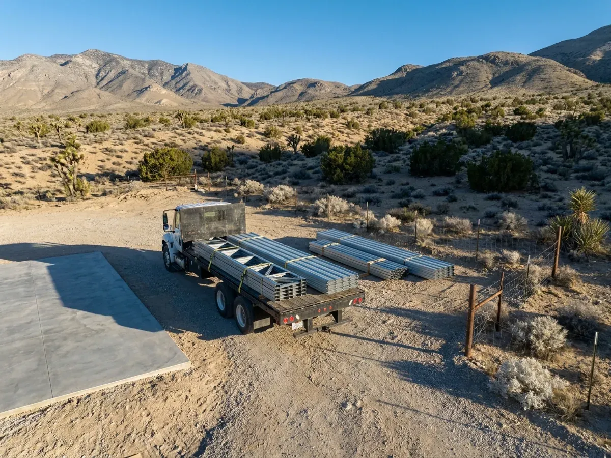 A flatbed truck delivering banded steel frame members and stacked metal roof panels to a desert building site beside a finished concrete slab.
