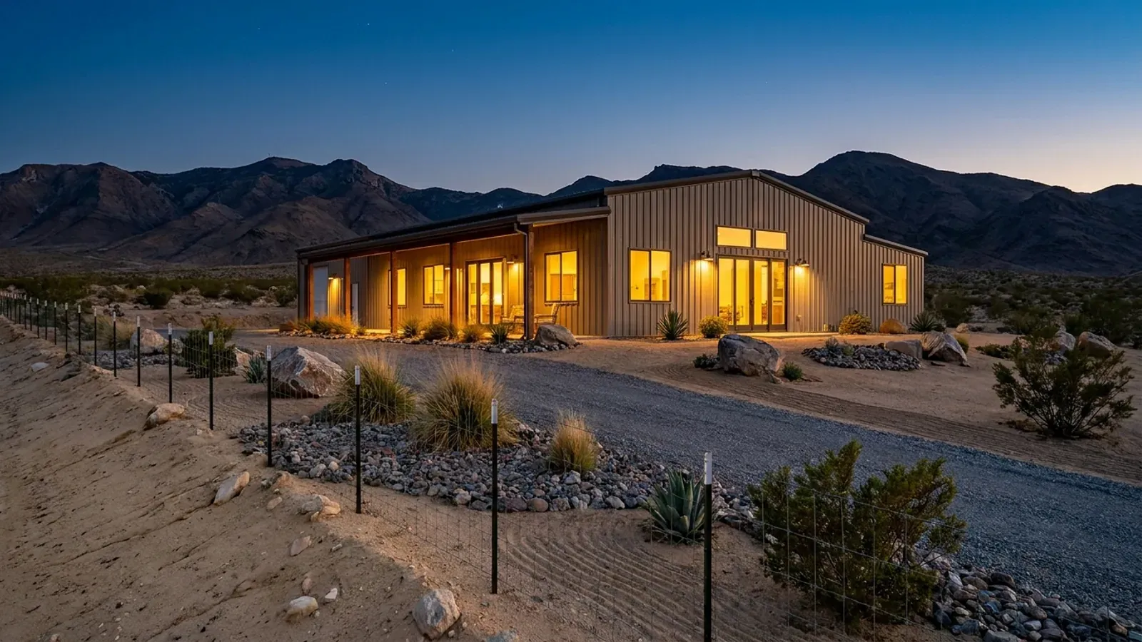 A finished barndominium at dusk with warm interior lighting glowing through its large windows and desert mountains beyond.