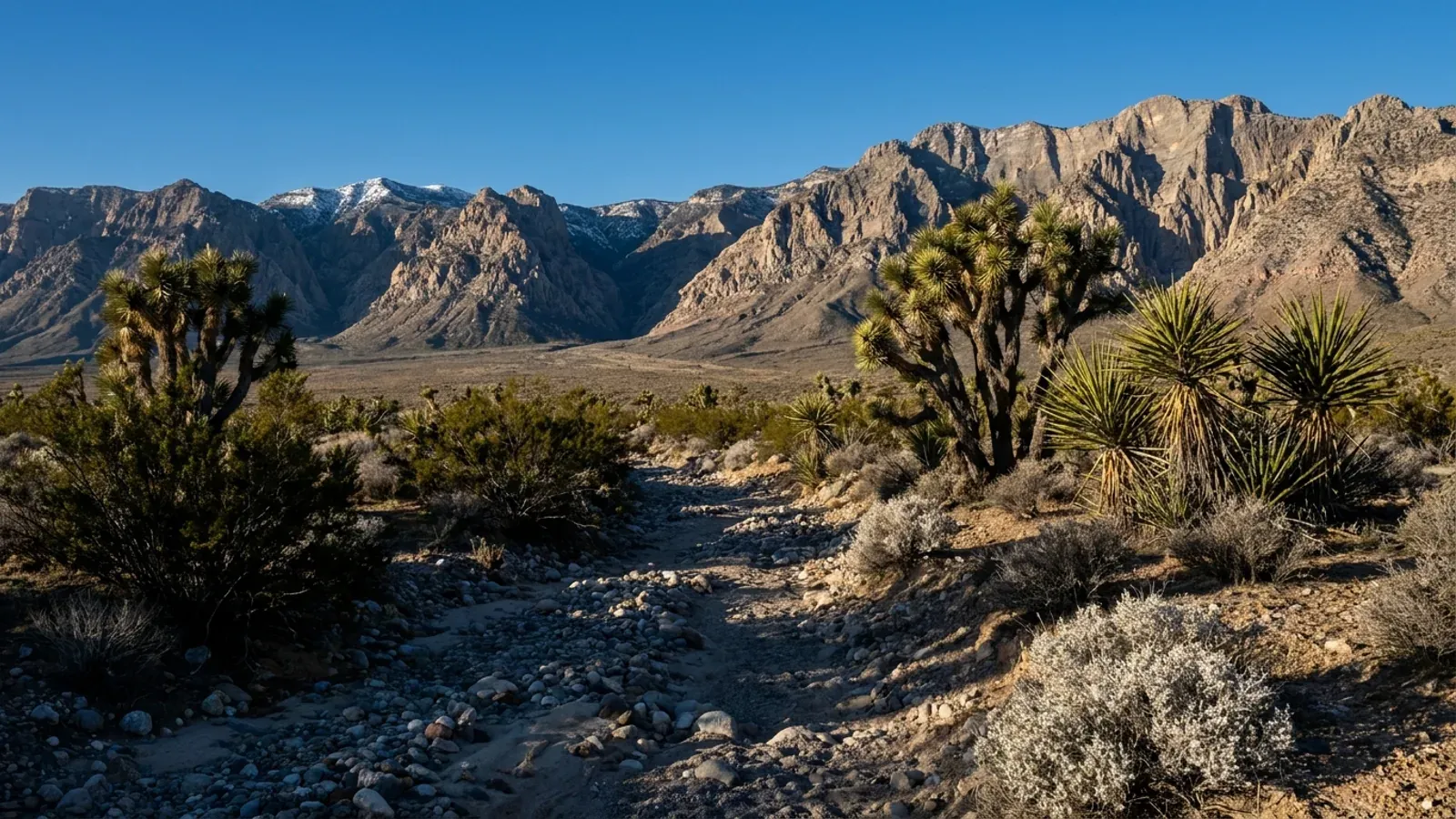A Mojave Desert alluvial fan with creosote bush, Joshua trees and yucca below the steep grey limestone wall of a desert mountain range.