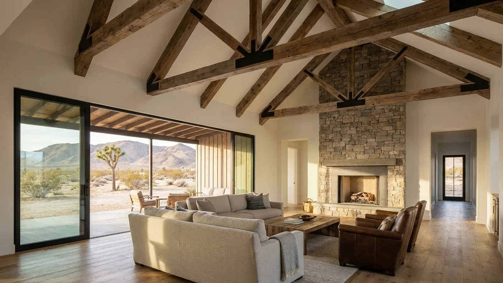 A vaulted barndominium great room with exposed wood trusses, a stone-clad fireplace and a wall of glazed doors looking out to desert mountains.