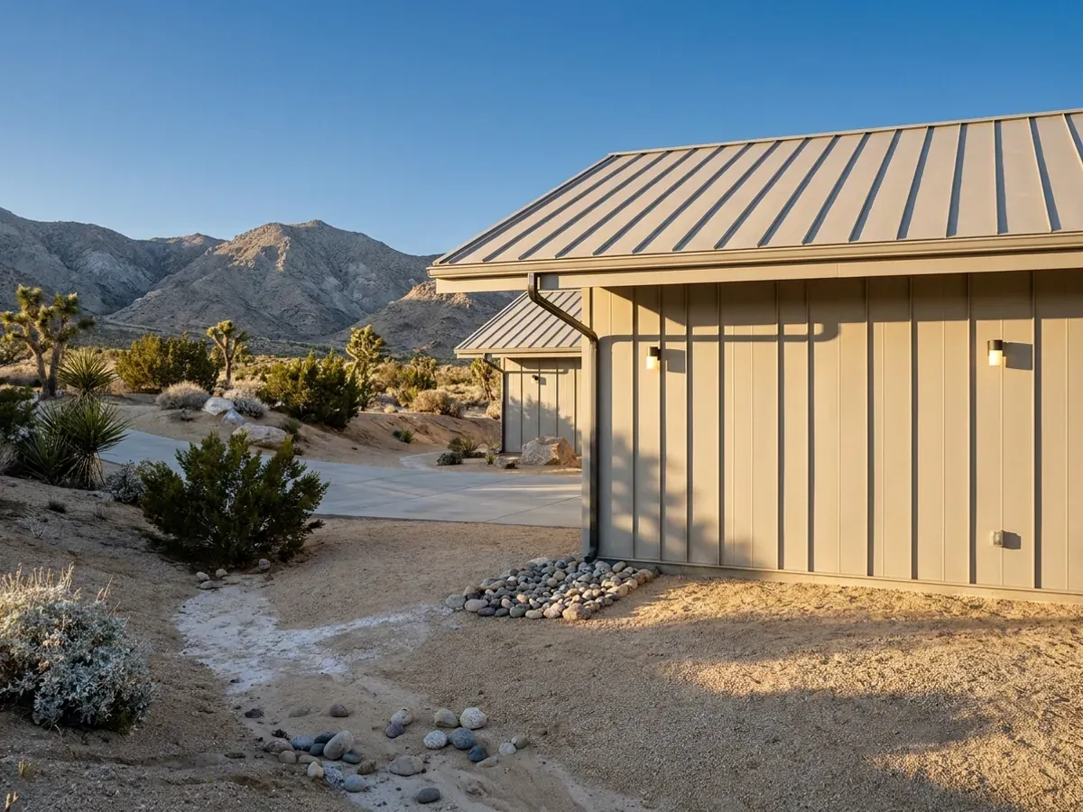 Exterior detail of a light-coloured metal-clad home showing standing seam roofing, vertical wall panels and a downspout discharging onto a rock splash pad.