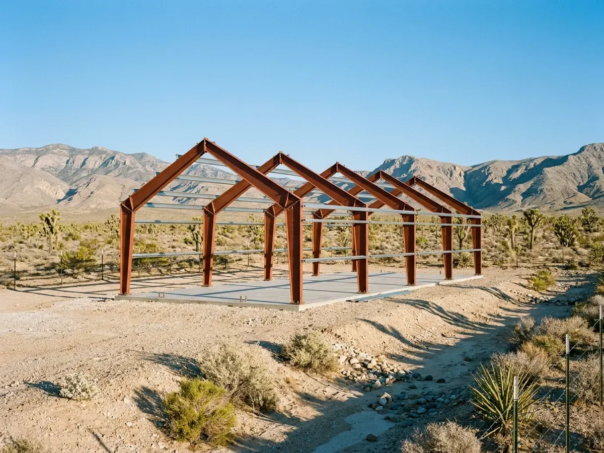 A red oxide primed structural steel frame partly erected on a concrete slab in the desert, showing bolted knee joints and anchor bolts.