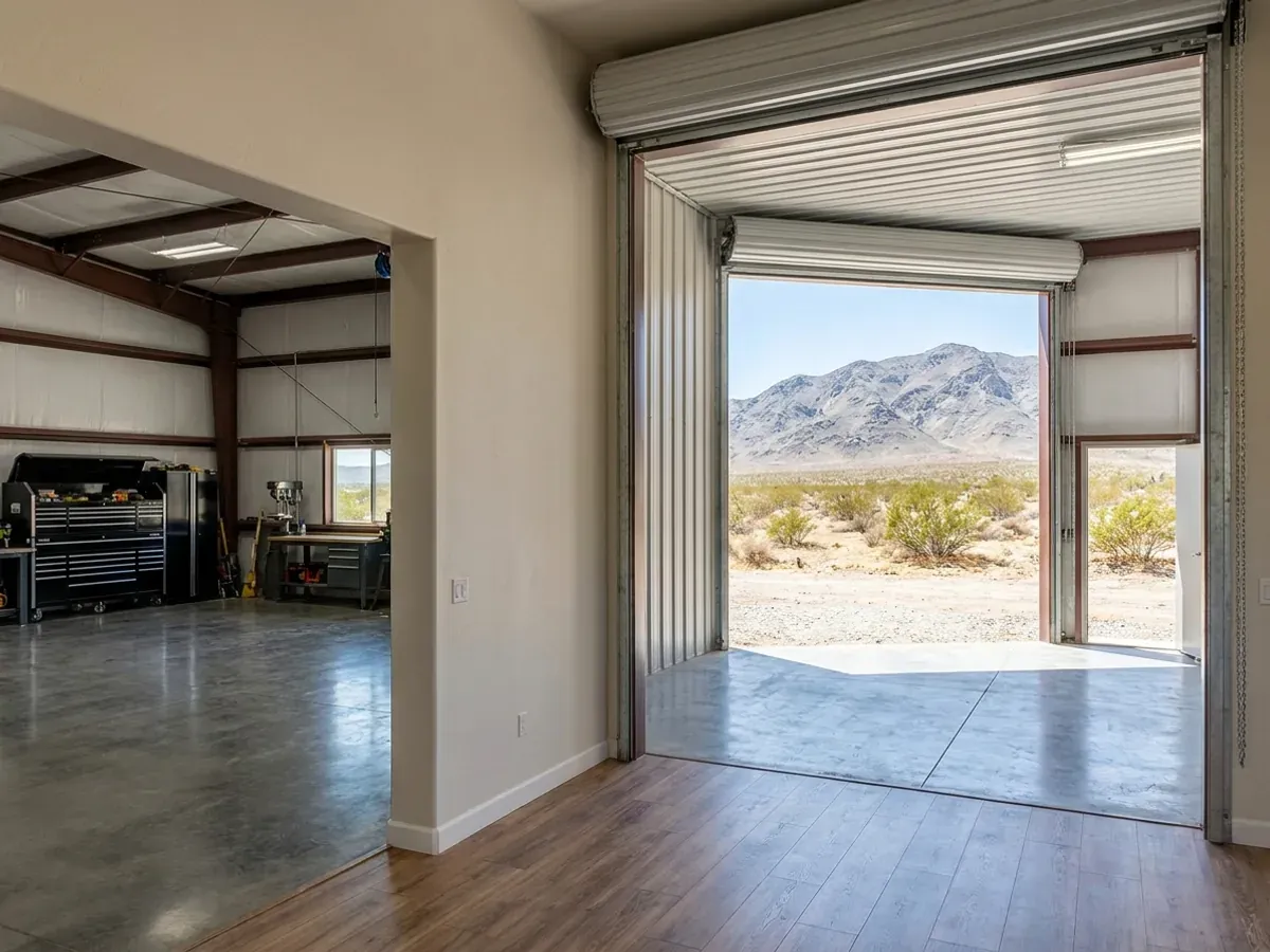 The interior of a shouse where a finished living area meets a shop bay with polished concrete and a tall roll-up door open to the desert.