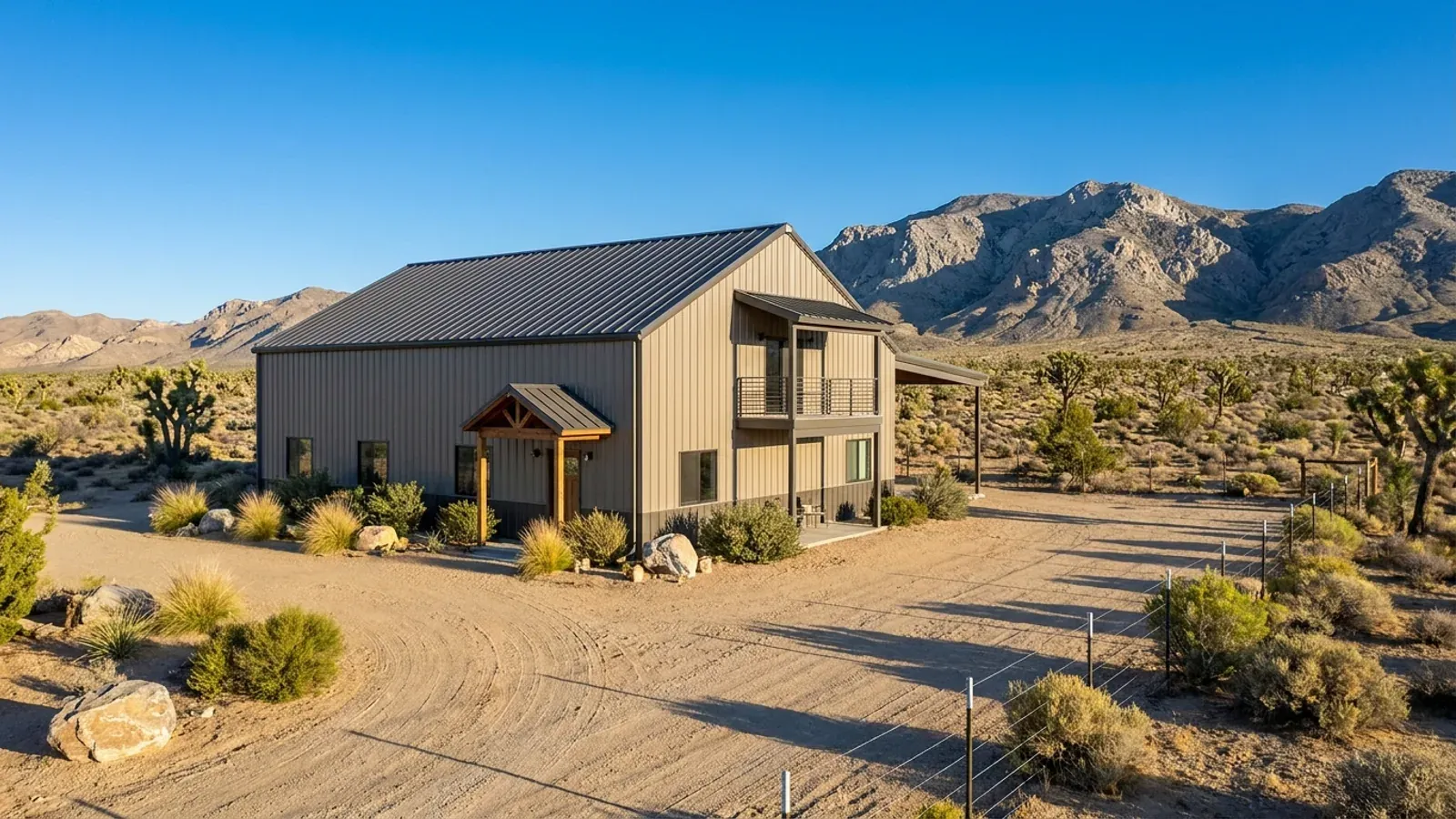 A completed two-story barndominium with second-story windows and a small covered balcony above the entry porch, in the desert.